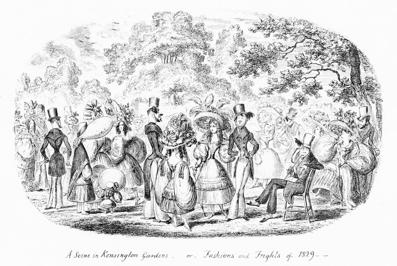 Kensington Bahçelerinde Bir Sahne veya 1829 Modası ve Korkuları (gravür) by George Cruikshank