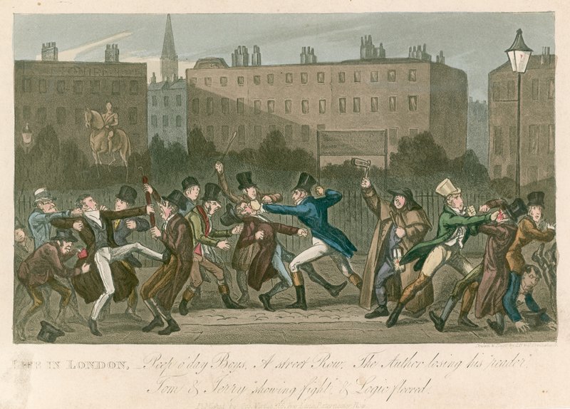 Bir sokak sırası - Tom ve Jerry kavgayı gösteriyor ve Mantık yere yığılıyor by George Cruikshank
