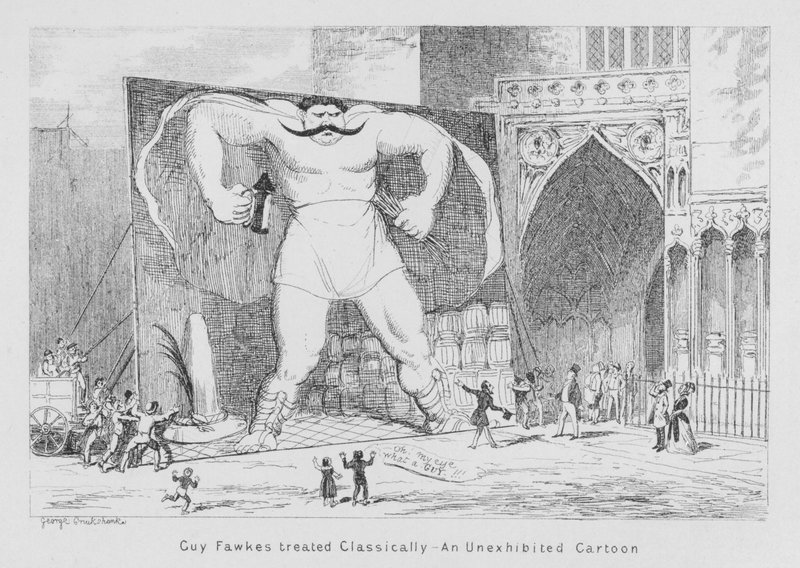 Guy Fawkes klasik olarak ele alındı, Sergilenmemiş bir karikatür (gravür) by George Cruikshank