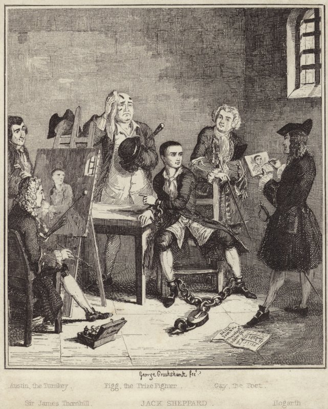Jack Sheppard hapishanede portresini Sir James Thornhill'e yaptırırken by George Cruikshank