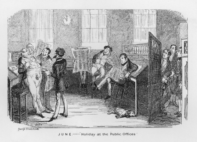 Haziran, Resmi Dairelerde Tatil (gravür) by George Cruikshank