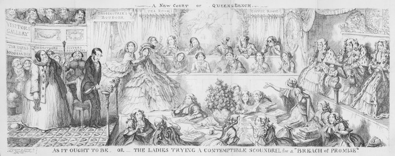 Bayanlar, "Sözün İhlali" için aşağılık bir hergeleyi deniyor. (Oymak) by George Cruikshank