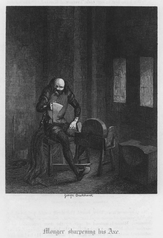 Baltasını bileyen tacir (gravür) by George Cruikshank