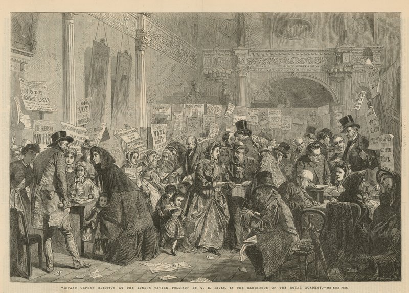 London Tavern'de bebek yetim seçimi (gravür) by George Elgar Hicks