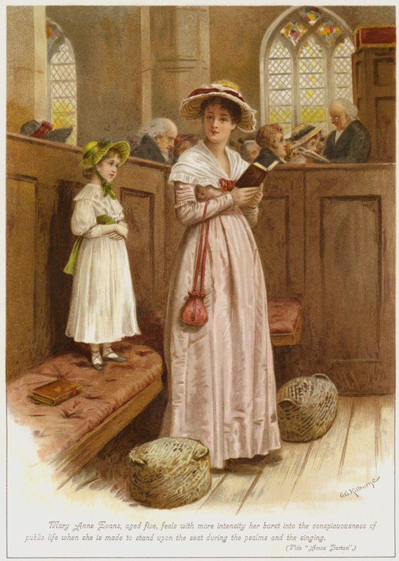 Beş yaşındaki Mary Anne Evans, mezmurlar ve ilahiler sırasında koltuğa oturtulduğunda, kamusal yaşamın bilincine girdiğini daha yoğun bir şekilde hissediyor. by George Goodwin Kilburne