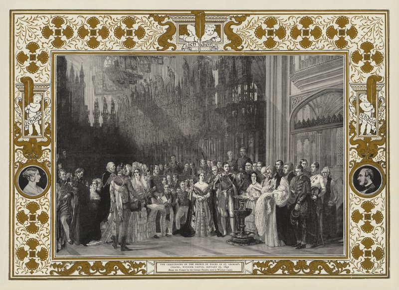25 ಜನವರಿ 1842 ಟರ್ಕ್‌ನ ವಿಂಡ್ಸರ್ ಕ್ಯಾಸಲ್‌ನ ಸೇಂಟ್ ಜಾರ್ಜ್ ಚಾಪೆಲ್‌ನಲ್ಲಿ ಪ್ರಿನ್ಸ್ ಆಫ್ ವೇಲ್ಸ್‌ನ ಕ್ರಿಸ್ಟೆನಿಂಗ್ by George Hayter