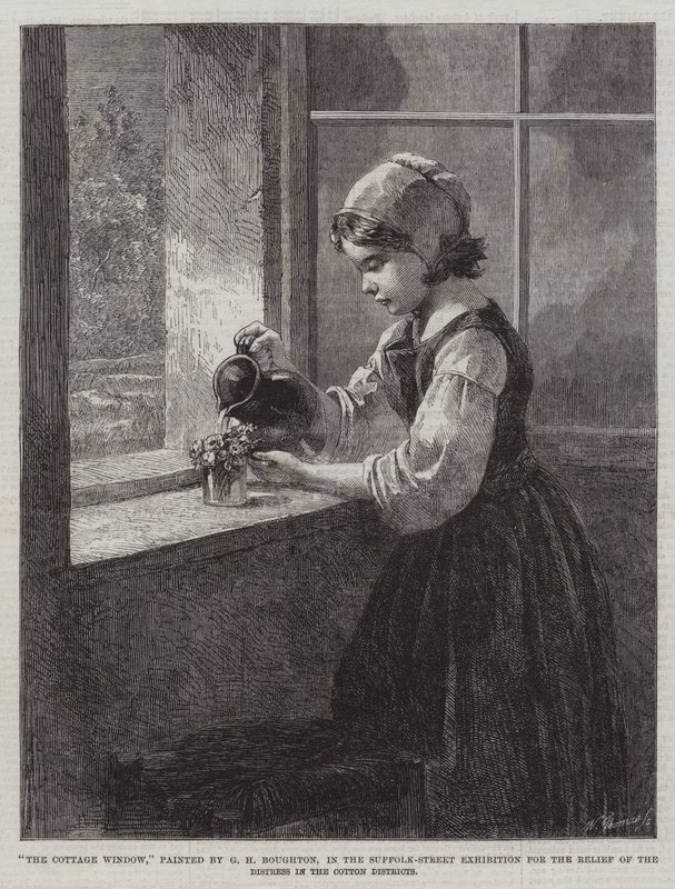 Suffolk-Sokak Sergisinde, Pamuk Mahallelerindeki Sıkıntının Giderilmesine Yönelik Kulübe Penceresi by George Henry Boughton
