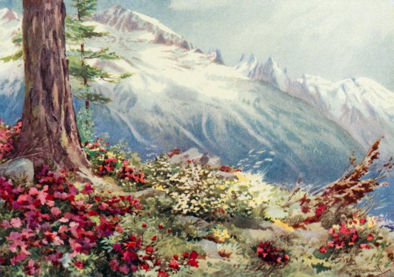 Mont Blanc ve Aiguille Du Midi, yukarıdan Argentiere (renkli taş) by George Jackson Flemwell