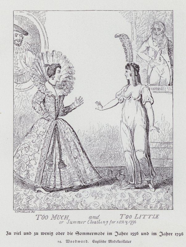 Çok Fazla ve Çok Az, 1556 ve 1796 için Yazlık Giysiler (litho) by George Moutard (after) Woodward