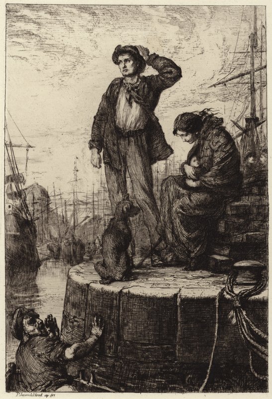 Rıhtımda bekleyen genç bir göçmen aile by George Percy Jacomb Hood