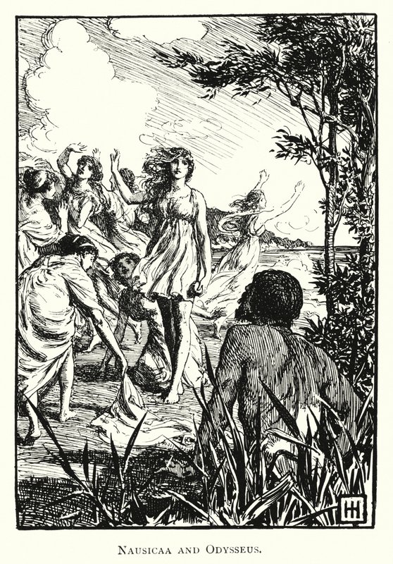 Odyssey: Nausicaa ve Odysseus (gravür) by George Percy Jacomb Hood