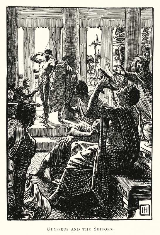 Odyssey: Odysseus ve Talipler (gravür) by George Percy Jacomb Hood