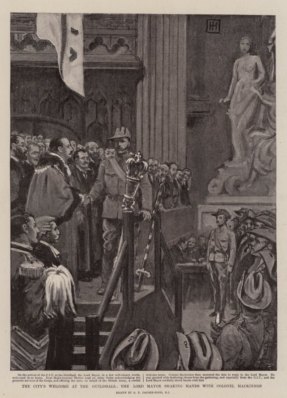 Lonca Salonunda Belediye Karşılaması, Belediye Başkanı Albay Mackinnon ile El sıkışırken by George Percy Jacomb Hood