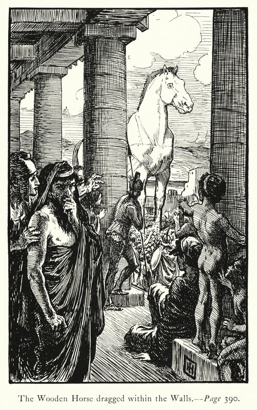 İlyada: Surların İçinde Sürüklenen Tahta At (gravür) by George Percy Jacomb Hood