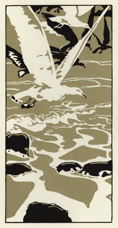 Sahilden büyük beyaz bir martı geldi (renkli litho) by George Sheringham