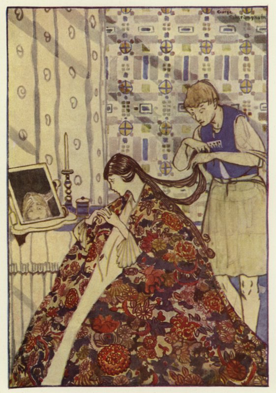 Sonra kız kardeşine güzel elbiseler giydirdi, saçlarını yıkayıp taradı (renkli lito) by George Sheringham