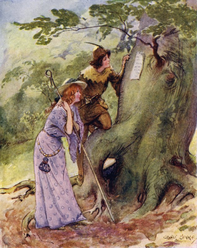 Ganymede ve Aliena, ağaçlara oyulmuş Rosalind