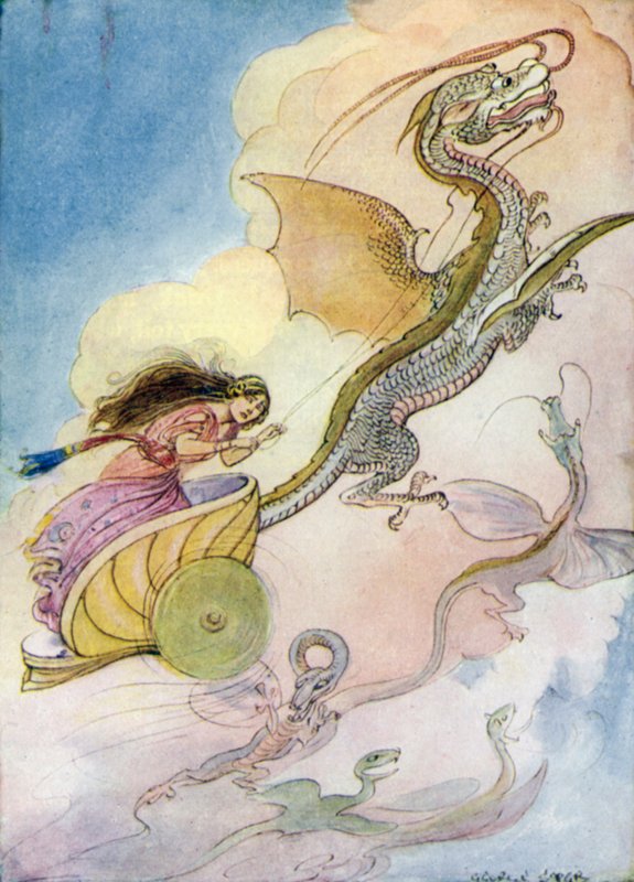 Theseus: "Medeia, ejderha arabasını çağırdı" (renkli taş) by George Soper