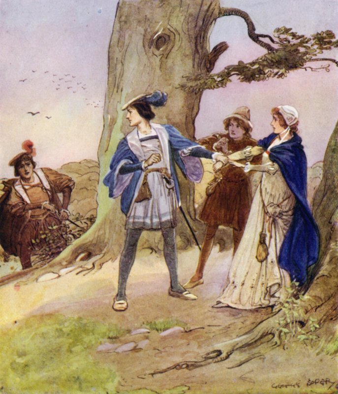 Valentine, soyguncularının bir bayanı esir aldıklarını duyunca teselli etmeye geldi ve onu rahatlattı. by George Soper