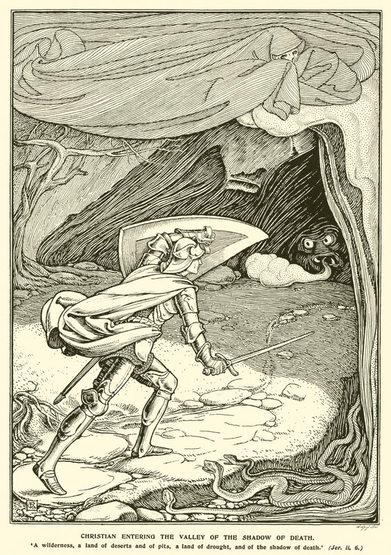 Hristiyan Ölümün Gölgesi Vadisine Giriyor (gravür) by George Woolliscroft Rhead