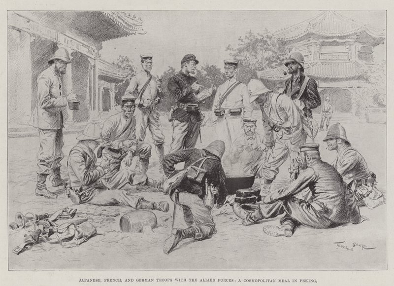 Japanese, French, and German Troops with the Allied Forces, a Cosmopolitan Meal in Peking  by Georges Bertin Scott