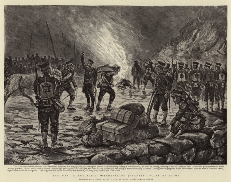 Doğudaki Savaş, Japon Birliklerini Gece Karaya Çıkarıyor by Georges Ferdinand Bigot