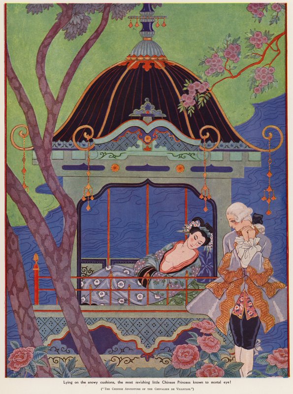 Bir köşkte uzanmış Çinli prenses (renkli taş) by Georges Barbier