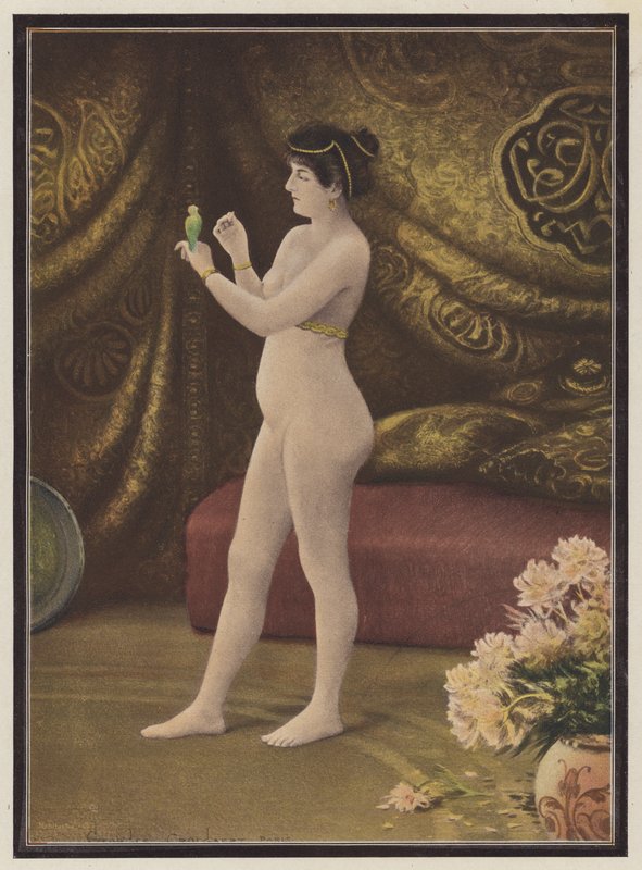En sevilen, evcil kuşu olan kadın (renkli litho) by Georges Croegaert
