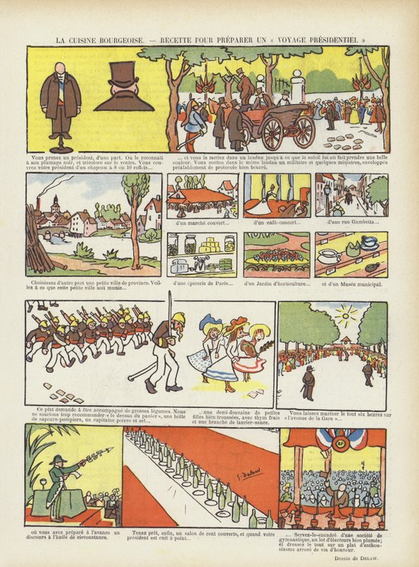 Burjuva mutfağı. Başkanlık gezisi için bir reçete. Le Rire için İllüstrasyon by Georges Delaw