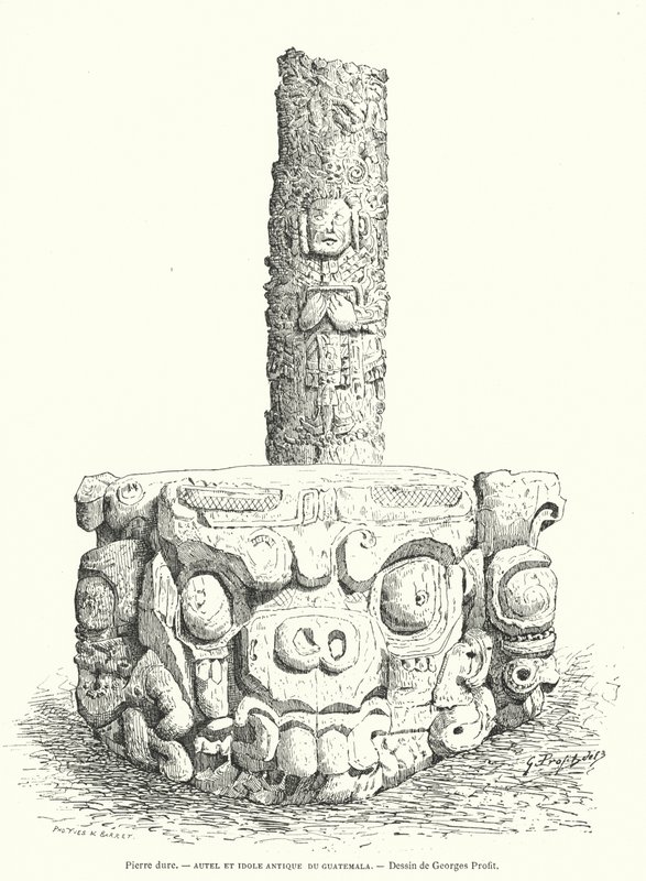 Guatemala'dan Maya oyma taş sunak ve idol (gravür) by Georges Ernest Profit