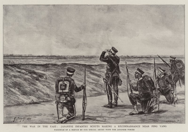 Doğudaki Savaş, Japon Piyade İzcileri Ping Yang yakınlarında keşif yapıyor by Georges Ferdinand Bigot