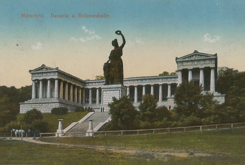 Bavyera heykeli ve Ruhmeshalle, Münih. 1913 yılında gönderilmiş kartpostal. by German Photographer