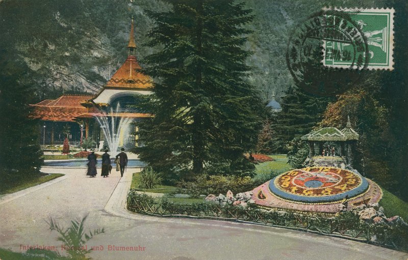 Interlaken, Kursaal ve çiçek saati. 16 Ağustos 1913 tarihinde gönderilmiş kartpostal. by German Photographer