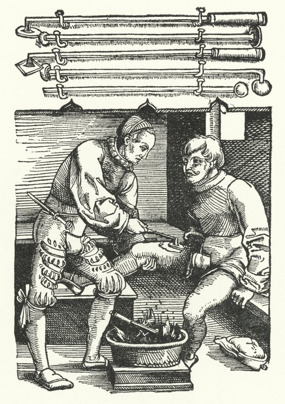 Bir askerin bacak yarasını dağlayan bir cerrah (gravür) by German School