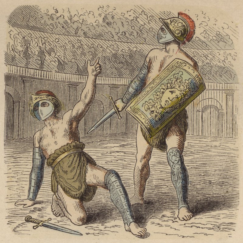 Kalabalığa hayatı için yalvaran yaralı bir Roma gladyatörü (renkli gravür) by German School