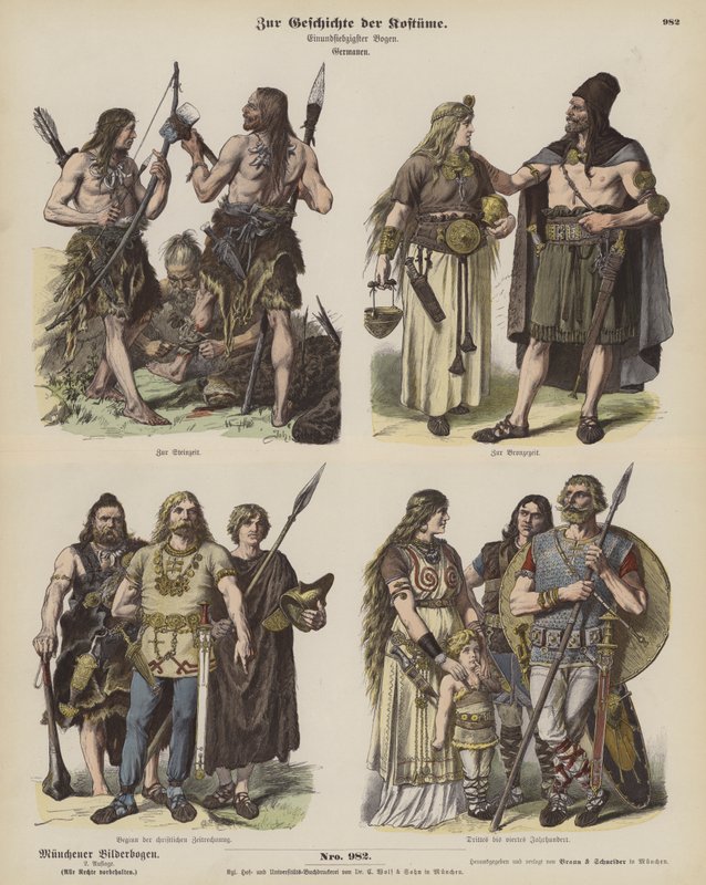 Antik Germen kostümleri (renkli gravür) by German School
