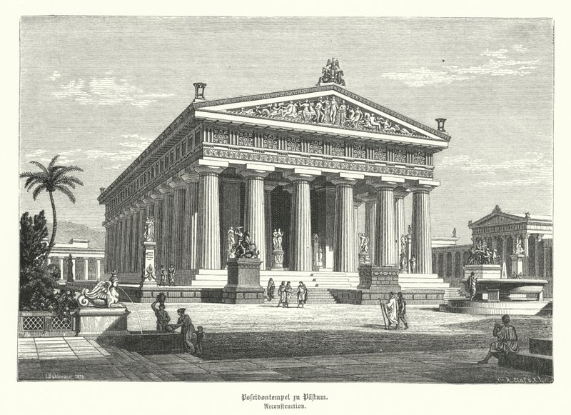 Antik Yunan Hera Tapınağı, Paestum, İtalya, daha önce yanlışlıkla Poseidon'a adandığı düşünülen (gravür) by German School