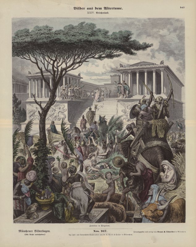 Bergama kentinde antik Yunan sunağı, Küçük Asya (renkli gravür) by German School