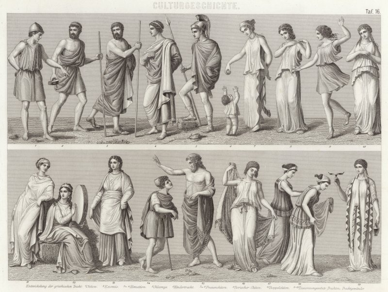 Antik Yunan kostümleri. Bilder-Atlas için İllüstrasyon (gravür) by German School