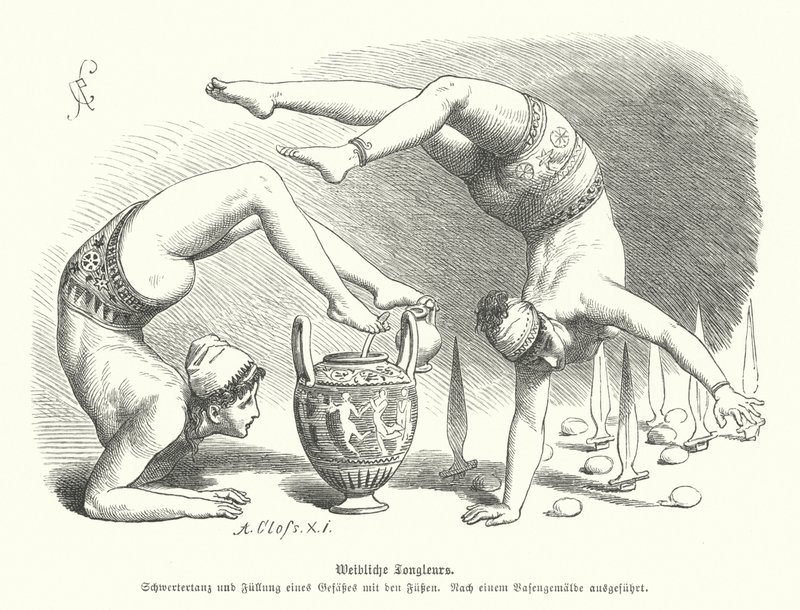 Antik Yunan kadın akrobatlar (gravür) by German School