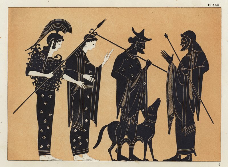 Ancient Greek figures, including Athena, with dog  by German School
