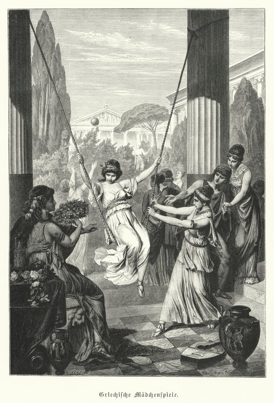 Antik Yunan kızları oynuyor (gravür) by German School