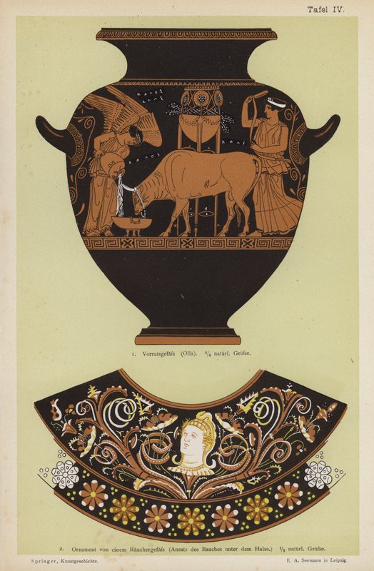 Antik Yunan saklama kavanozu ve bir buhurdandan süs (renkli taş) by German School