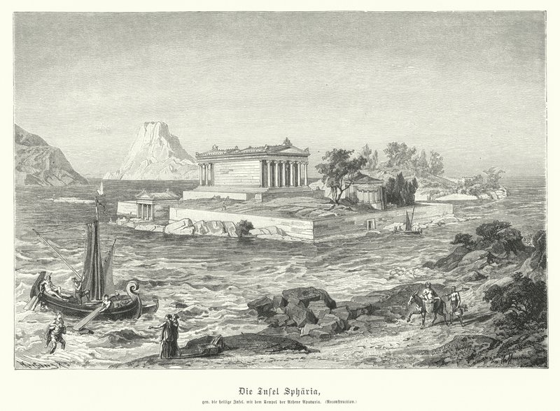 Antik Yunan tapınağı Athena Apaturia, Sphairia adasında (gravür) by German School