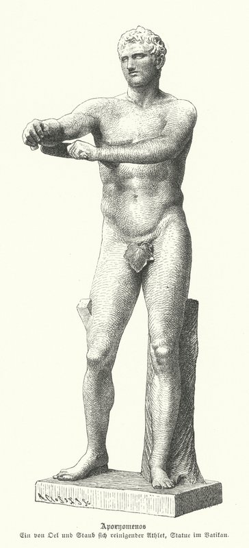 Apoxyomenos, bir strigil ile vücudundaki teri ve tozu kazıyan bir atlet heykeli (gravür) by German School