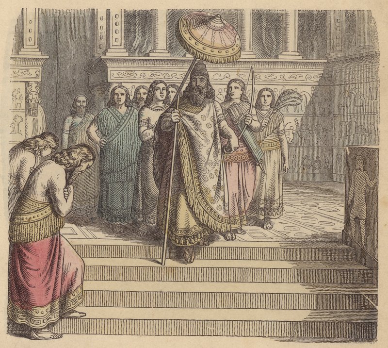 Asur kralı ve maiyeti (renkli gravür) by German School