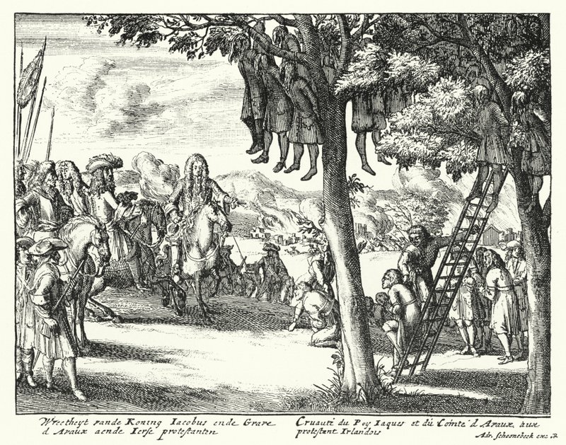 James II ve Comte d"Avaux tarafından İrlandalı Protestanlara karşı işlenen zulümler, 1689 by German School