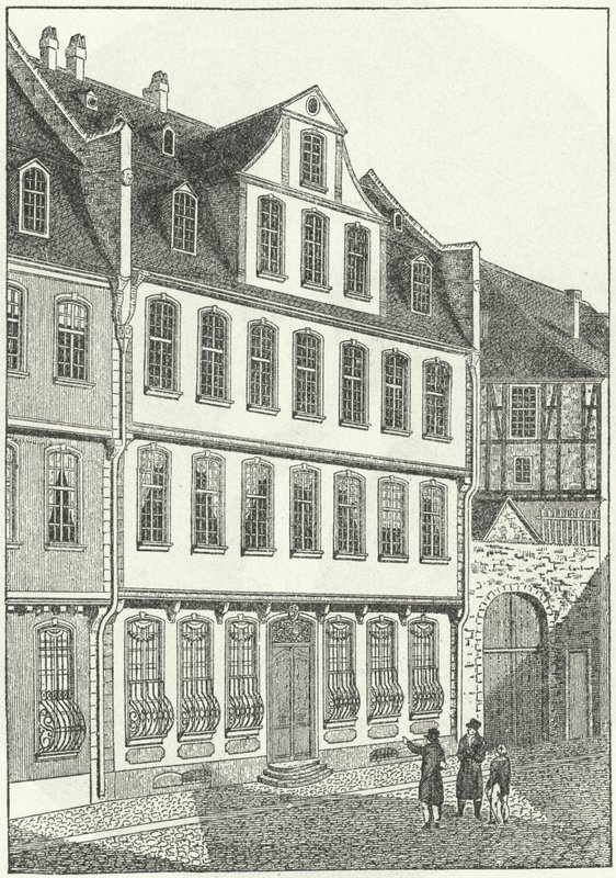 Alman yazar ve devlet adamının doğum yeri, Johann Wolfgang von Goethe, Frankfurt, Almanya (gravür) by German School