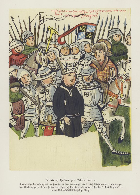 Bohemyalı Hıristiyan reformcu Jan Hus idamına götürülüyor, Constance, 6 Temmuz 1415 (renkli taş) by German School