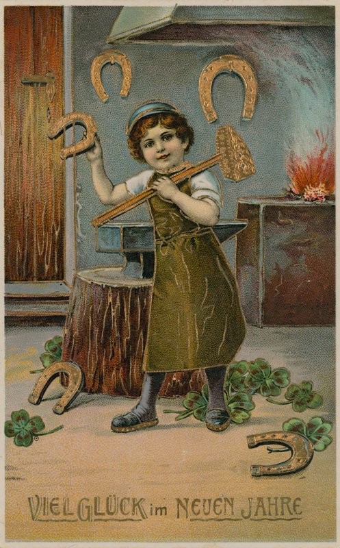 Çocuk demirci yeni yıl şansı için altın at nalı yapıyor. 31 Aralık 1913'te gönderilen kartpostal. by German School